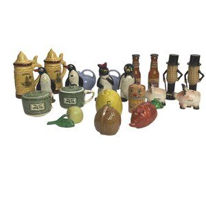 VTG Anthropomorphic Salt Pepper Shaker Lot Kitsch Animals Fruit Mr. Peanut Beer